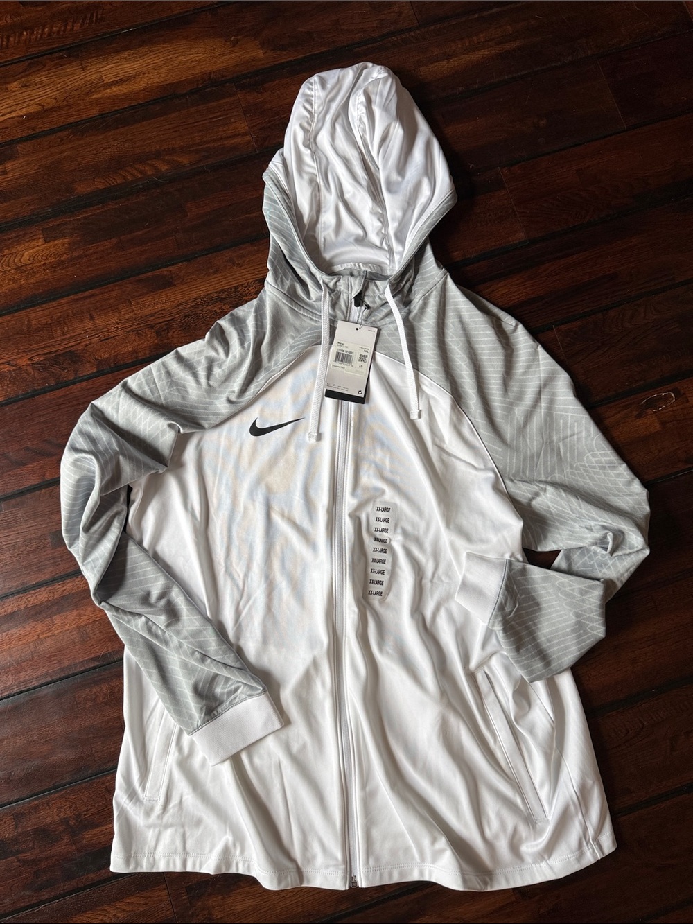 Nike White Jacket with Light Gray Raglan Sleeves and Hood-Dri-Fit